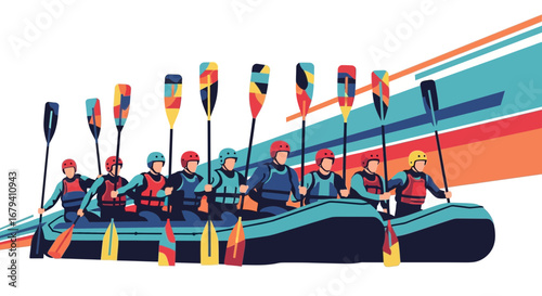 Rafting Expedition: A Colorful Vector Illustration of Whitewater Adventure and Teamwork