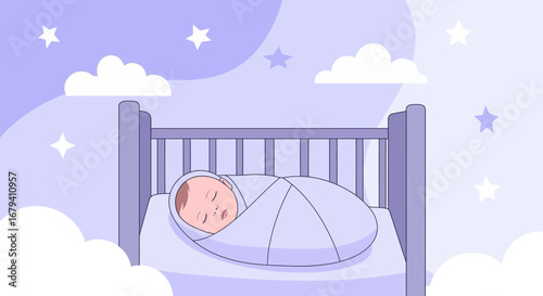 Peaceful Little Infant Swaddled Sweet Dream Lying Comfortably In The Baby Crib
