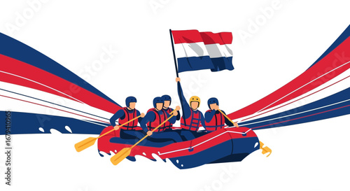 Rafting Team Celebrates with Flag and Paddles in Colorful Adventure Illustration