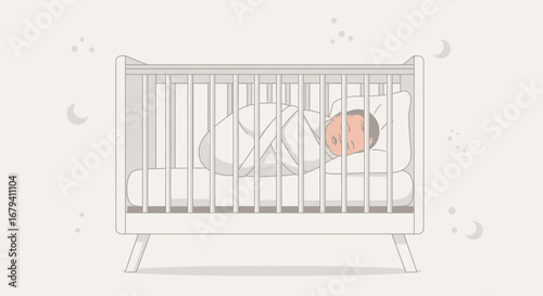 Peaceful Newborn Sleep In A Cozy Crib Under The Gentle Moonlight, A Calm Nursery Scene