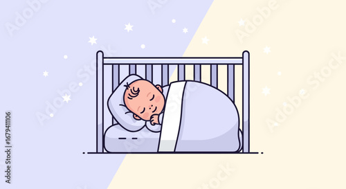 Peaceful Newborn Resting Serenely Asleep Within a Crib, Peaceful and Dreamy Illustration