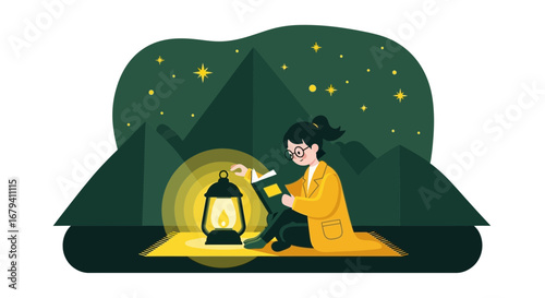 Reading Nighttime Book Adventure Beneath Starry Skies With Glowing Lantern Light