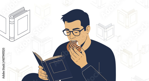 Reading And Enjoying A Delicious Snack: A Man Lost In The Pages Of A Book Completely