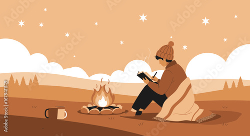 Peaceful Scenery Of A Person Writing Next To A Campfire At Night Under Stars.