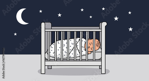 Peaceful Slumber: A Baby Sleeping Under a Gentle Crescent Moon and Sparkling Stars