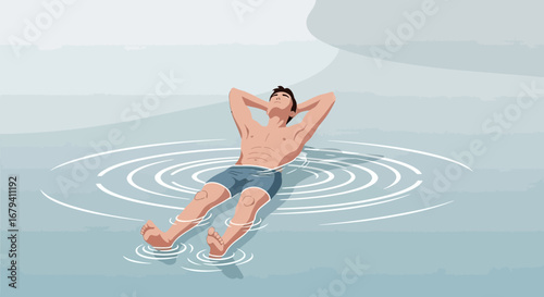 Relaxation and Serenity: Calm Man Floating on Water with Hands Behind Head