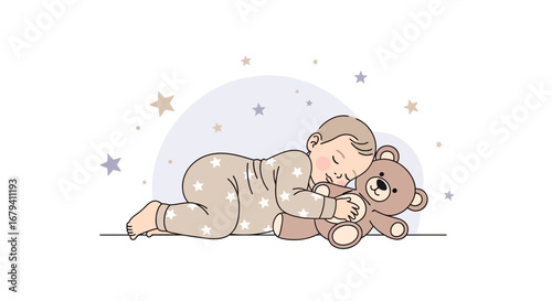 Peaceful Slumber: A Gentle Illustration Of A Baby Snuggling A Teddy Bear Under The Stars