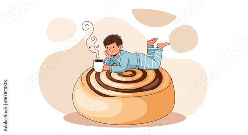 Relaxed Boy Enjoying Coffee on a Giant Cinnamon Roll Illustration For a Cozy Vibe