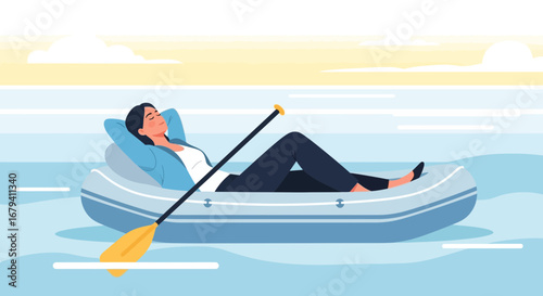 Peaceful woman relaxing on a boat enjoying a calm day on the water