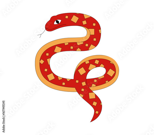 Stylized red and orange patterned snake with a forked tongue coiled and looking to the left with a friendly eye