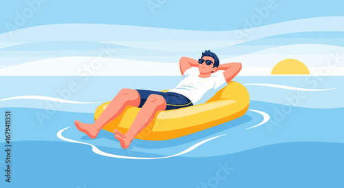 Relaxed Man Floating on Water, Sunbathing and Enjoying Summer Vacation Time