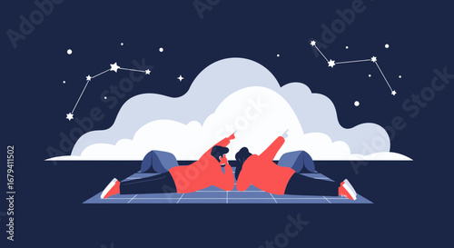 People stargazing together under a night sky with constellations illustration
