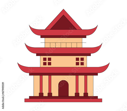 Stylized Pagoda structure with red curved roofs and light orange walls, representing traditional East Asian architecture and cultural heritage.