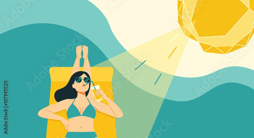 Relaxing At Beachside, Enjoying Sunlight and Cool Drink During Summer Vacation