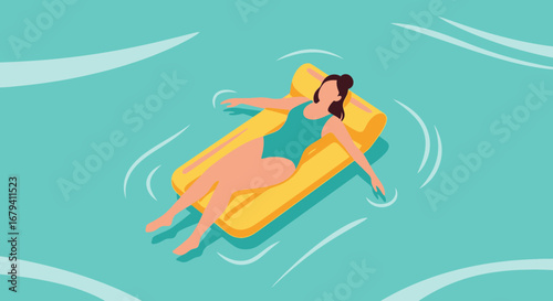 Relaxing By The Pool: A Woman Lounging On A Yellow Raft Under The Summer Sun