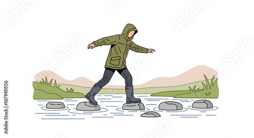 Person Attempts To Cross Stream By Carefully Stepping On Stones For Safe Crossing
