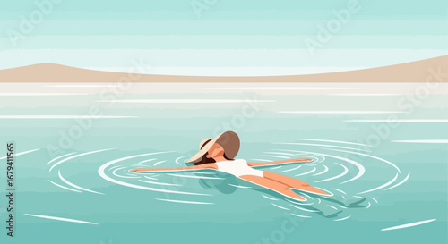Relaxing Day At The Beach, Woman Floats Effortlessly In The Peaceful Sea