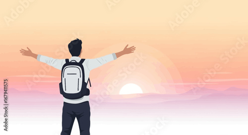 Person Basking In Sunset's Light With Open Arms During Travel and Experiencing Freedom.