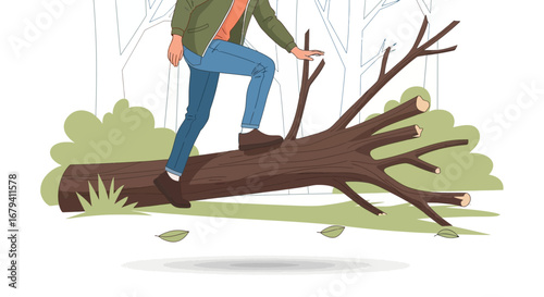 Person Balancing While Hiking Across A Fallen Tree Trunk In Natural Forest Adventure