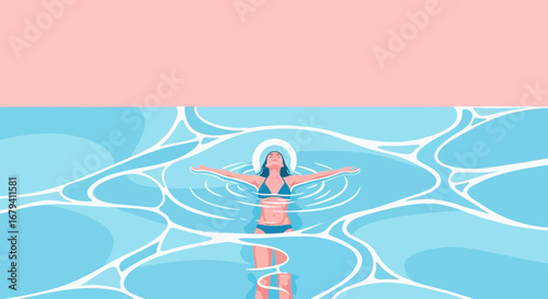 Relaxing Female Floats Peacefully On The Water Surface During A Sunny Day