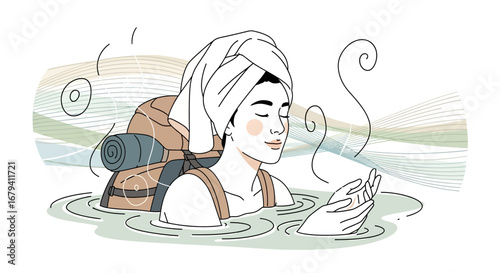 Relaxing woman enjoying a hot spring bath after hiking, illustration in modern style