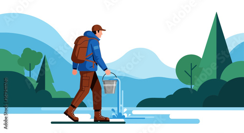 Person Collecting Water From a River Amidst Scenic Nature Illustration Design