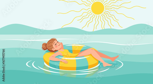 Relaxing woman floating on inflatable ring in the sea enjoying summer sunshine
