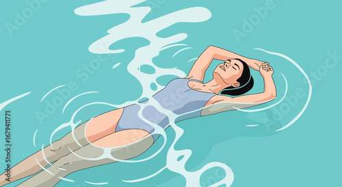 Relaxing Woman Floating peacefully in the Pool with Head Back and Eyes Closed
