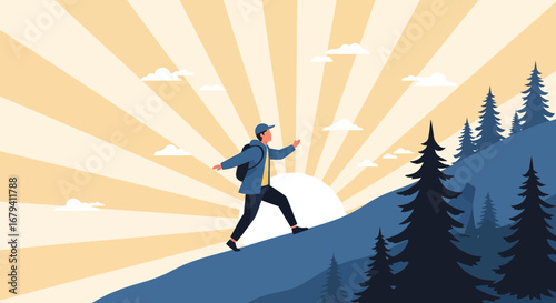 Person climbing a mountain toward the sunrise in nature landscape illustration