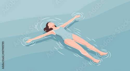 Relaxing Woman Floats Gracefully in Tranquil Water Under A Summer Sun, Peacefulness Embodied