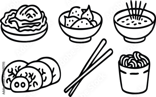 Asian food icons noodles sushi rice bowl dumplings