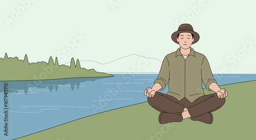Person Doing Meditation By The Lake Shows Tranquility And Relaxation In Nature