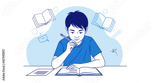 Person Deeply Focused While Reading And Writing, Studying, Learning, Contemplating Ideas