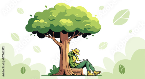 Restful Traveler Enjoying Nature's Shade Under A Lush Tree During A Peaceful Moment