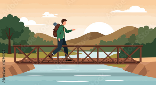 Person Crossing A Scenic Wooden Bridge Over A River During Sunset With A Backpack On