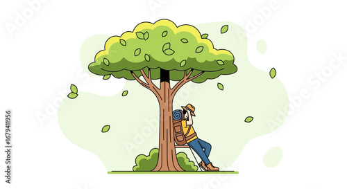 Resting Adventurer Under Serene Tree Embracing Nature's Tranquility And Peace