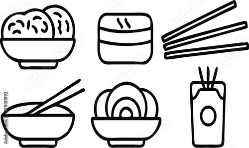 Collection of asian food icons featuring noodles sushi and rice bowl