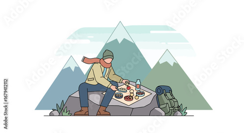 Person enjoying food while sitting on a rock in front of mountains vector illustration