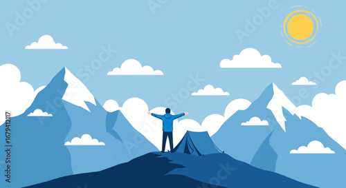 Person enjoying freedom with open arms in mountainous landscape with tent and sunshine views