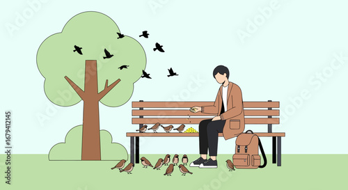 Person Enjoying Moment Feeding Birds At The Park, Simple Nature Illustration