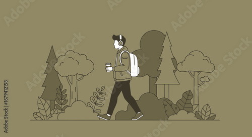 Person Enjoying Peaceful Walk In Forest With Coffee And Music Using Headphone Style Illustration