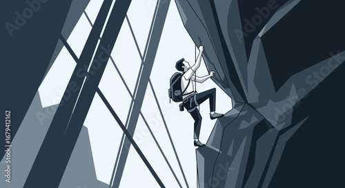 Rock Climber Ascending a Steep Cliff Illustrated In A Striking Monochromatic Style