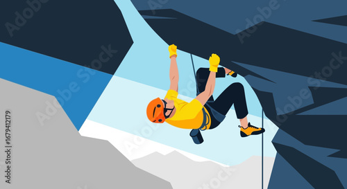 Rock Climbing Illustration Depicting A Courageous Climber Scaling a Steep Mountain Cliffs
