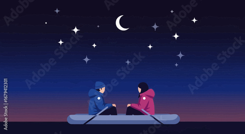 Romantic Couple Enjoying a Boat Ride Under the Moonlight and Stars in the Night Sky