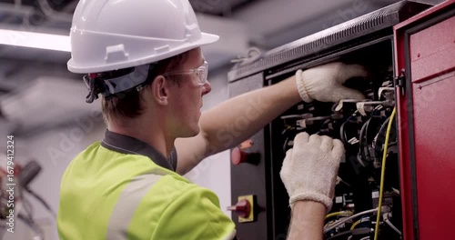 male engineer checks internal electrical components inside automation control cabinet during smart factory maintenance session under industry40 training using gloves and helmet for safety procedures