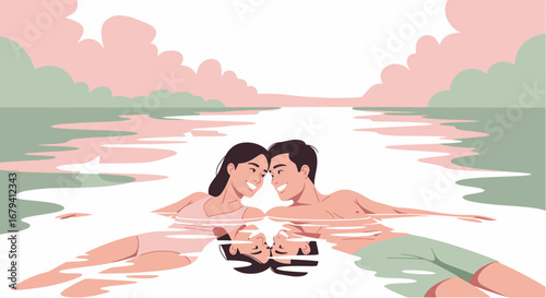 Romantic couple enjoying time together swimming in a lake vacation concept illustration
