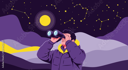 Person Gazing At The Cosmos Through Binoculars, Astrological Exploration Under Starry Skies