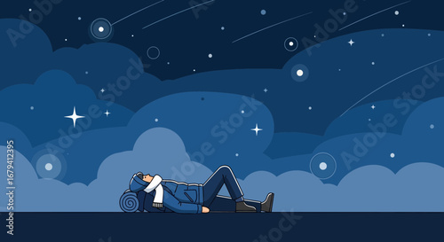 Person Gazing At The Night Sky Observing The Celestial Display Of Stars And Meteors