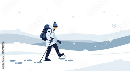 Person Hiking in Winter Snowscape with Backpack and Trekking Pole, Vector Illustration