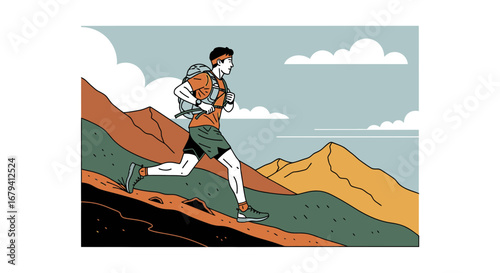 Runner Ascending Mountain Slope in Stylized Vector Illustration, Demonstrating Effort